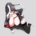  all_fours alternate_hair_color animal_ears between_breasts black_legwear black_panties blush breasts breasts_outside bunny_ears cleavage collarbone grey_background grey_hair hair_over_one_eye highres huge_breasts jacket lactation long_hair nipples open_clothes open_jacket open_shirt panties panty_pull red_eyes reisen_udongein_inaba ribbon shirt simple_background skirt skirt_around_one_leg solo spread_legs suppository thighhighs touhou underwear very_long_hair yaruku 