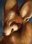  abstract_background ambiguous_gender black_nose blonde_hair blue_eyes brown_fur canine detailed female fur hair looking_at_viewer mammal realistic rhyu smile solo teeth whiskers 