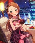  alcohol blush bracelet brown_eyes brown_hair champagne chocolate chocolate_covered city city_lights cityscape d: dress earrings feeding food foreshortening fruit headband idolmaster idolmaster_(classic) idolmaster_million_live! jewelry long_hair minase_iori necklace official_art open_mouth pantyhose strawberry 