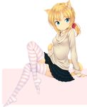  animal_ears arm_support blonde_hair blue_eyes bow cat_ears cat_tail crossed_legs feet frilled_skirt frills hair_bow no_shoes original ponytail short_hair sitting skirt sleeves_past_wrists solo striped striped_legwear tail thighhighs zettai_ryouiki zizi_(zz22) 