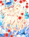  blonde_hair book closed_eyes dress edward-el flower gorgon highres jewelry kagerou_project key kozakura_marry long_hair lying necklace petals red_eyes road_sign sign sky smile snake snake_hair solo tears 