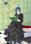  asikapanda black_coat_(kingdom_hearts) blue_eyes blue_hair book cloak hair_over_one_eye kingdom_hearts male_focus reading sitting solo zexion 