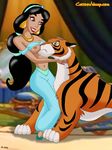  aladdin bestiality big_breasts black_hair breasts clothing disney ear_piercing feline female feral hair helg human interspecies invalid_background invalid_tag jasmine male mammal nipples piercing rajah tiger yellow_eyes 