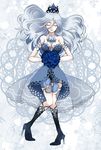  bare_shoulders blue_hair boots bouquet breasts cleavage closed_eyes cravat dress flower high_heels kisara large_breasts long_hair ninagawa_azura solo tiara yuu-gi-ou yuu-gi-ou_duel_monsters 