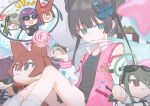  4girls black_dress blue_archive blush bow breasts brown_hair camera candy character_request check_copyright clothing_cutout copyright_request double_bun dress food hair_bow hair_bun halo highres holding holding_camera holding_candy holding_food holding_lollipop kurobeko_(kur0bek0) lollipop long_sleeves looking_at_viewer multiple_girls parted_lips shoulder_cutout sidelocks sitting small_breasts socks stuffed_toy sweatdrop twintails white_socks 