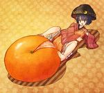  armbar bad_id bad_twitter_id barefoot blush bowl crescent food frills fruit full_body japanese_clothes kimono long_sleeves mandarin_orange minigirl object_on_head open_mouth orange orange_background peeling polka_dot polka_dot_background purple_hair short_hair simple_background smile solo sukuna_shinmyoumaru touhou urin wide_sleeves 