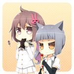  animal_ears arm_warmers brown_eyes bunny_hair_ornament cat_ears chibi female_admiral_(kantai_collection) food grey_hair hair_ornament kantai_collection kasumi_(kantai_collection) kemonomimi_mode kouji_(campus_life) lowres makizushi multiple_girls sushi 