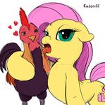  &lt;3 caboni32 cutie_mark duo equine female feral fluttershy_(mlp) friendship_is_magic fur green_eyes hair half-closed_eyes horse licking male mammal my_little_pony open_mouth pink_hair plain_background pony rooster suggestive tongue visual_pun white_background yellow_fur 