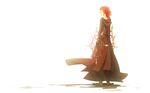  a-ksk axel_(kingdom_hearts) backlighting black_coat_(kingdom_hearts) boots chakram expressionless facial_mark from_side full_body gloves green_eyes half-closed_eyes high_heel_boots high_heels highres hood hood_down kingdom_hearts long_sleeves looking_down male_focus profile red_hair robe shadow simple_background solo spiked_hair standing weapon white_background 