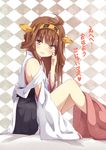  ahoge bare_shoulders brown_hair detached_sleeves double_bun hairband highres japanese_clothes kantai_collection kongou_(kantai_collection) long_hair nontraditional_miko open_mouth ribbon-trimmed_sleeves ribbon_trim skirt solo translated ukami 