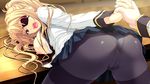  1girl areolae ass bent_over blonde_hair breast_press breasts breasts_outside chobipero eyepatch from_behind game_cg highres large_breasts legs long_hair looking_back nipples no_bra open_mouth panties pantyhose pantyshot ponytail school_uniform shin_shirogane_no_soleil_reanswer skirt thighs underwear upskirt 
