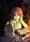  ahoge book bookshelf chair chin_rest egg feathers flower glass highres inkwell long_hair long_sleeves mouth_hold orange_hair original quill sitting smile u_nagi yellow_eyes 