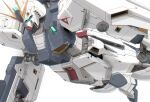  absurdres arm_shield aron_e beam_rifle char&#039;s_counterattack commentary_request earth_federation_space_forces energy_gun green_eyes gun gundam highres holding holding_gun holding_weapon insignia mecha mecha_focus mobile_suit no_humans nu_gundam robot science_fiction shield simple_background solo v-fin weapon white_background 