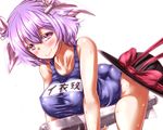  all_fours blush bow collarbone cosplay embarrassed hat hat_bow hat_removed headwear_removed i-19_(kantai_collection) i-19_(kantai_collection)_(cosplay) kantai_collection nagae_iku namesake one-piece_swimsuit purple_eyes purple_hair school_swimsuit solo swimsuit torpedo touhou wet zan_(harukahime) 