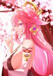  1girl :d animal_ears arm_under_breasts bare_shoulders blurry blurry_background breasts commentary earrings falling_petals fox_ears fox_girl fox_shadow_puppet from_side gem genshin_impact hair_between_eyes hand_up highres jewelry large_breasts long_hair looking_at_viewer looking_to_the_side petals pink_hair purple_eyes purple_gemstone sideboob smile solo twitter_username upper_body very_long_hair watatai yae_miko 
