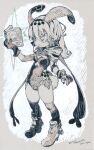  1girl :&lt; animal_ears artist_name book breasts capelet closed_mouth commentary_request dated full_body gloves grey_background greyscale hair_between_eyes hand_up highres holding holding_book kneehighs konno_takashi leotard long_hair looking_ahead monochrome open_book original partially_fingerless_gloves rabbit_ears rabbit_tail short_sleeves socks solo standing tail thick_eyebrows 