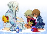  3boys 922teruteru atem barefoot blue-eyes_white_dragon blue_hair child closed_eyes duel_monster japanese_clothes kisara long_hair multiple_boys priest_seto shaved_ice sitting smile tan touzokuou_bakura yuu-gi-ou yuu-gi-ou_duel_monsters 