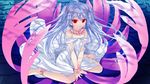  1girl barefoot blue_hair chobipero collar dress feet flat_chest game_cg highres legs long_hair looking_at_viewer red_eyes shin_shirogane_no_soleil_reanswer sitting solo thighs toes twintails 