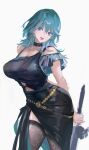  1girl aqua_hair black_choker black_dress blue_eyes character_name choker copyright_request dress highres holding holding_sword holding_weapon maeshima_shigeki navel navel_peek see-through_clothes see-through_thighhighs simple_background solo sword thighhighs weapon white_background 