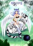  angel_wings ankle_cuffs ball_and_chain_restraint blue_eyes blue_hair bow bra breasts bustier cleavage hair_bow highres kanna_(plum) lingerie long_hair looking_at_viewer medium_breasts pixiv_shadow revision shiny shiny_skin sitting smile solo thighhighs tiger underwear white_legwear white_tiger wings 