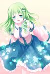  bad_id bad_pixiv_id blue_eyes blush breasts detached_sleeves frog_hair_ornament green_hair hair_ornament hair_tubes kochiya_sanae large_breasts long_hair open_mouth skirt smile snake_hair_ornament solo star touhou yatomi 