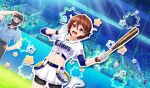  1boy 1girl baseball_bat baseball_stadium baseball_uniform belt belt_buckle bike_shorts_under_skirt black_belt black_shorts blue_belt blue_shirt blue_wristband brown_hair buckle cinderella_series dutch_angle flying_sweatdrops game_cg gloves grey_pants hachigatsu_no_cinderella_nine hair_between_eyes hair_ornament hairclip hand_on_own_hip highres holding holding_baseball_bat jewelry leg_up looking_ahead messy_hair metal_baseball_bat navel necklace net non-web_source official_art on_grass open_mouth outdoors pants pleated_skirt red_eyes saitama_seibu_lions serizawa_musubi shirt shirt_under_shirt shorts skirt solo_focus sportswear standing star_(symbol) sweat tied_shirt umpire v-shaped_eyebrows white_footwear white_gloves white_shirt white_skirt 
