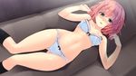  1girl bare_shoulders blush bra breasts chobipero embarrassed game_cg green_eyes highres legs looking_at_viewer lying navel open_mouth panties red_hair shin_shirogane_no_soleil_reanswer short_hair small_breasts socks solo thighs underwear 