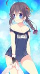  ahoge alternate_costume bad_id bad_pixiv_id black_hair blue_eyes blush braid breasts cleavage gloves hair_flaps hair_ornament hairclip kantai_collection long_hair medium_breasts name_tag no_nose one-piece_swimsuit remodel_(kantai_collection) school_swimsuit shigure_(kantai_collection) single_braid smile solo swimsuit swimsuit_pull towel typo yume_kichi 