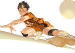  1boy arm_support atie1225 ball brown_hair collared_shirt commentary haikyuu!! hair_up highres karasuno_volleyball_uniform knee_pads lower_teeth_only male_focus multicolored_clothes multicolored_hair nishinoya_yuu open_mouth outstretched_arm outstretched_hand outstretched_leg playing_sports shirt shoelaces shoes short_sleeves shorts sneakers solo spiked_hair sportswear streaked_hair symbol-only_commentary teeth volleyball volleyball_uniform white_background white_footwear yellow_eyes 