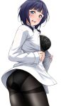  1girl absurdres asaka_karin ass black_bra black_panties black_pantyhose blue_eyes blue_hair blunt_bangs blush bra breasts flustered from_behind gusset highres large_breasts lingerie long_sleeves looking_at_viewer looking_back love_live! love_live!_nijigasaki_high_school_idol_club medium_hair panties panties_under_pantyhose pantyhose revision shirt simple_background solo thighband_pantyhose thighs underwear undressing white_background white_shirt yopparai_oni 
