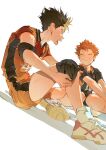  2boys armband atie1225 brown_hair closed_eyes closed_mouth collared_shirt commentary haikyuu!! highres hinata_shouyou hot karasuno_volleyball_uniform looking_at_another male_focus multicolored_clothes multicolored_hair multiple_boys nishinoya_yuu open_mouth orange_hair outstretched_arms shadow shirt shoes shorts simple_background sitting smile sneakers sportswear streaked_hair symbol-only_commentary volleyball_uniform white_background white_footwear 
