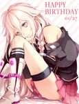  3nami73 blue_eyes boots braid happy_birthday highres ia_(vocaloid) kneehighs long_hair off_shoulder pink_hair single_thighhigh sitting skirt solo striped striped_background thigh_strap thighhighs very_long_hair vocaloid 