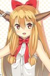  bad_id bad_pixiv_id blonde_hair blush bow brown_eyes hair_bow highres horns ibuki_suika long_hair niwashi_(yuyu) open_mouth sleeveless solo touhou very_long_hair 