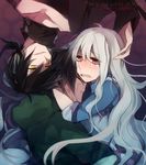  2boys black_hair blood closed_eyes dark_konoha dress headphones hood hoodie hug kagerou_project konoha_(kagerou_project) kozakura_marry long_hair multiple_boys outer_science_(vocaloid) red_eyes seto_kousuke short_hair short_ponytail silver_hair smirk tears tsuki_miyabi yellow_eyes 