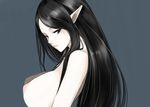  baicha black_eyes black_hair breasts elf from_side grey_background highres large_breasts lips long_hair nipples original pale_skin pointy_ears profile simple_background solo upper_body 