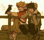  2boys adapted_costume animal_ears animification bird bird_on_hand blonde_hair blue_eyes brown_hair bucket_hat closed_eyes commentary crow dream_smp hashtag-only_commentary hat highres horns long_sleeves male_focus minecraft_youtube multiple_boys musical_note official_alternate_costume open_mouth pants peeco_0 ph1lza's_chat sheep_boy sheep_ears sheep_horns sheep_tail shirt short_hair smile tail tommyinnit treble_clef tubbo white_shirt 