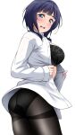  1girl absurdres asaka_karin ass black_bra black_panties black_pantyhose blue_eyes blue_hair blunt_bangs blush bra breasts flustered from_behind highres large_breasts lingerie long_sleeves looking_at_viewer looking_back love_live! love_live!_nijigasaki_high_school_idol_club medium_hair panties panties_under_pantyhose pantyhose shirt simple_background solo thighband_pantyhose thighs underwear undressing white_background white_shirt yopparai_oni 