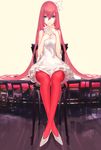  bare_shoulders chair dress green_eyes hair_ornament highres kiwamu long_hair megurine_luka pantyhose pink_hair red_legwear sitting smile very_long_hair vocaloid white_dress 