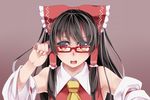  adjusting_eyewear armpits ascot bare_shoulders bespectacled black_hair bow brown_eyes detached_sleeves dress glasses grey_background hair_bow hair_tubes hakurei_reimu long_hair looking_at_viewer nomu open_mouth red-framed_eyewear red_dress simple_background solo touhou upper_body 