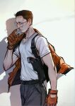  1boy arm_at_side black_hair cigarette disco_elysium gloves grey_pants gun handgun highres holster jacket kim_kitsuragi looking_at_viewer male_focus mouth_hold nyeigneous orange_gloves orange_jacket pants round_eyewear shadow shirt shoulder_holster sideburns smoke smoke_trail smoking solo weapon white_shirt 