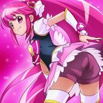  aino_megumi bow cure_lovely happinesscharge_precure! haruyama_kazunori heart long_hair looking_at_viewer magical_girl pink_background pink_bow pink_eyes pink_hair ponytail precure shorts smile solo thighhighs very_long_hair wide_ponytail 
