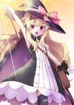  1girl arm_up bag bandaid bandaid_on_knee bandaid_on_leg black_cat blonde_hair cat cloak dress flat_chest gloves hat highres holding holding_staff little_witch_nobeta long_hair looking_at_viewer magic nobeta open_mouth phyllis_(cat)_(little_witch_nobeta) phyllis_(little_witch_nobeta) red_eyes solo staff white_gloves witch witch_hat yuyuzuki_(yume_usagi) 