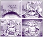 absurd_res anthro blasticussaturn canid canine chest_tuft clothing comic dialogue erection erection_under_clothing femboy fluffy hi_res long_sleeves male mammal melato_(blasticussaturn) monochrome sleeves_past_wrists smile solo speech_bubble straddling sweater topwear tuft under_blanket