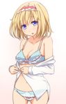  alice-type_underwear alice_margatroid blonde_hair blue_bra blue_eyes blue_panties bow bow_bra bow_panties bra breasts cleavage dress_shirt hairband medium_breasts navel panties shirt short_hair solo tori_(minamopa) touhou underwear 