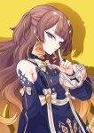 1girl 318_saiha absurdres anya_melfissa anya_melfissa_(1st_costume) blue_dress bright_pupils brown_hair detached_sleeves dress earrings expressionless frilled_sleeves frills gradient_hair highres hololive hololive_indonesia jewelry multicolored_hair neck_ribbon parted_lips purple_eyes ribbon simple_background solo streaked_hair virtual_youtuber white_pupils yellow_background 