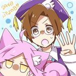  1girl animal_ears bad_id bad_pixiv_id brown_eyes brown_hair cat_ears glasses hair_ornament hairclip hat klug_(puyopuyo) matsu_(sekaowaoneok) pink_hair polka_dot polka_dot_background pose puyopuyo puyopuyo_fever raffine_(puyopuyo) v 