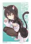  1girl animal_ears black_hair black_pantyhose blush cat_ears cat_girl cat_tail dress full_body highres kumo_sheep little_witch_nobeta long_hair looking_at_viewer official_art pantyhose paw_pose phyllis_(human)_(little_witch_nobeta) phyllis_(little_witch_nobeta) side_slit smile solo squatting tail yellow_eyes 