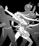  battle belt cqc fighting gas_mask gloves greyscale hatsune_miku knife left-handed long_hair mask monochrome outstretched_arm palm_strike panties pantyshot pleated_skirt punching skirt sleeveless solo_focus striped striped_panties thighhighs twintails underwear very_long_hair vocaloid wokada 