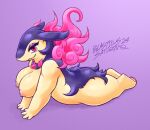 anthro blasticussaturn breasts female fire fur generation_2_pokemon generation_8_pokemon hi_res hisuian_form hisuian_typhlosion looking_at_viewer lying nintendo on_front pawpads pokemon pokemon_(species) regional_form_(pokemon) signature simple_background smile solo typhlosion yellow_body yellow_fur