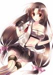  :d amane_ruri bandeau bare_shoulders black_skirt blush bow breasts brown_eyes brown_hair brown_legwear cleavage collarbone fingerless_gloves gloves hadanugi_dousa hair_bow highres kantai_collection long_hair low-tied_long_hair medium_breasts midriff navel open_clothes open_mouth open_shirt parted_lips pink_bow shirt shouhou_(kantai_collection) simple_background skirt smile striped striped_legwear thighhighs vertical-striped_legwear vertical_stripes very_long_hair white_background zettai_ryouiki 